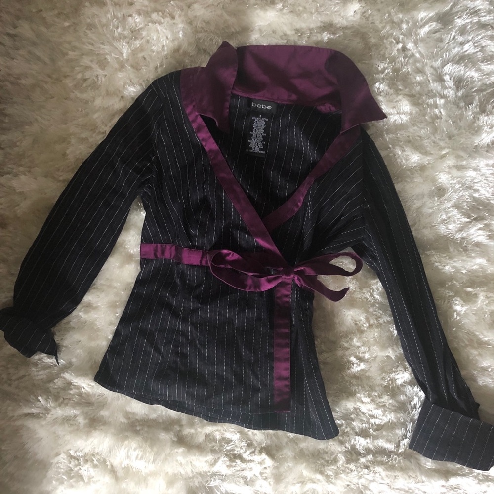 REAL SILK vintage bebe collated wrap top striped